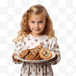 小女孩在圣诞树附近拿着饼干盘
