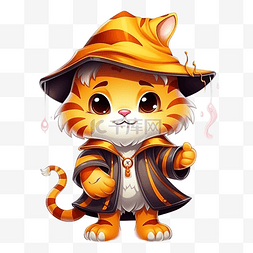 魔术帽子手绘图片_万圣节可爱的老虎巫师，戴着帽子