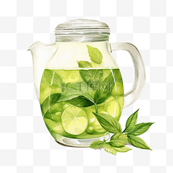 用具手绘图片_水罐与绿茶水彩插图