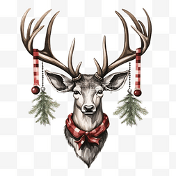 圣诞驯鹿剪影图片_圣诞水牛格子鹿鹿角上挂着圣诞玩