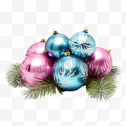 闪亮的圣诞图片_绿色云杉树枝和粉色和蓝色闪亮的
