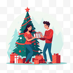 夫妇在圣诞树附近交换圣诞礼物