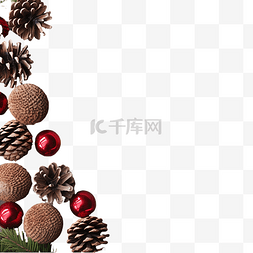木桌上有锥体和红球的圣诞贺卡