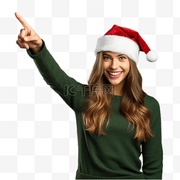 绿色手指图片_戴着圣诞帽的女孩用食指指着孤立