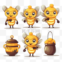飞行的蜜蜂插画图片_卡通可爱蜜蜂吉祥物套装 卡通可