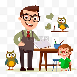 猫头鹰老师卡通图片_学校里有两个孩子和猫头鹰的老师