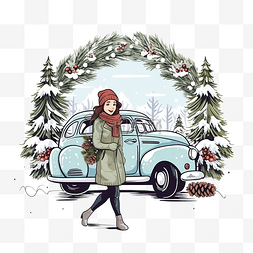 雪佛兰汽车背景图片_一个手里拿着圣诞花环的女孩，在