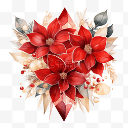 水彩圣诞插画与水晶和一品红花