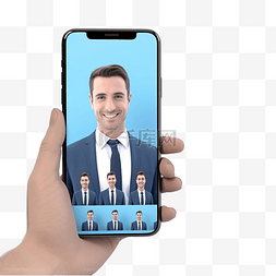 在线会议图片_身穿蓝色衬衫的商人在大手机屏幕