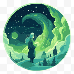 藍色星球图片_极光剪贴画女孩与浅绿色的毛皮从