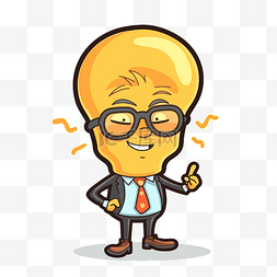 卡通黄色灯泡男人戴眼镜和竖起大