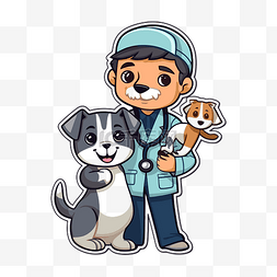 一位医生抱着一只猫和狗的插图 
