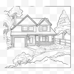 森林手绘海报图片_线条艺术手绘草图风格的房屋景观