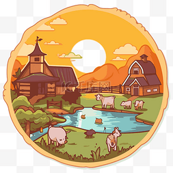 农场谷仓和山羊背景与圆形图像剪