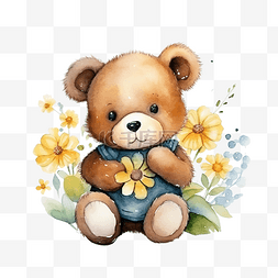 可爱的熊和花水彩插画