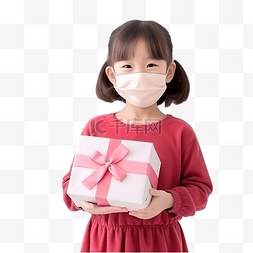 圣诞节，亚洲小女孩拿着一个戴着