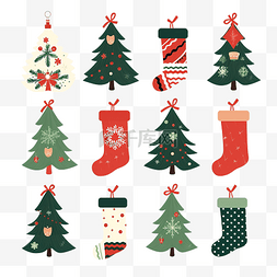 带有圣诞树的平面圣诞标签系列
