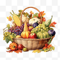 水果卡通西柚图片_感恩节聚宝盆装满收获的水果和蔬