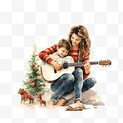 开心女孩男孩图片_圣诞节那天，妈妈和男孩一起弹吉