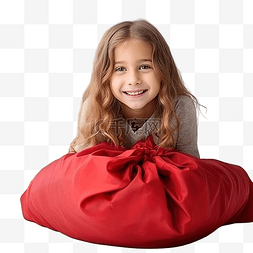 笑着的婴儿图片_小女孩坐在大红色麻袋里，房间里