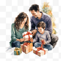 红色家图片_圣诞节那天，一家人在家里看礼物