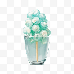棉花糖棒棒糖图片_蓝色大透明棉花糖杯，上面有绿色
