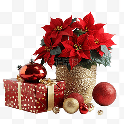 花桌图片_美丽的一品红，木桌上有圣诞球和