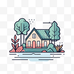 湖上树图标房子上的线性房子 向
