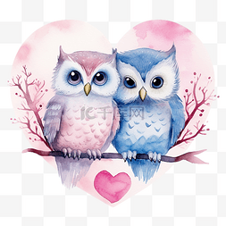 蓝色和粉色水彩可爱猫头鹰情侣情