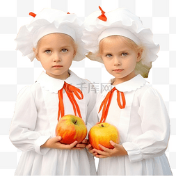 吃苹果的女孩图片_秋天花园里有龙头的双胞胎小女孩