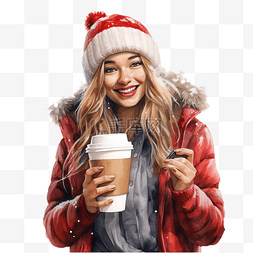 咖啡厅女孩图片_庆祝圣诞假期的女孩在外卖纸杯里