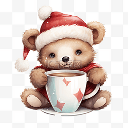 可爱的熊戴着圣诞老人的帽子在杯