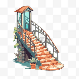 楼梯剪贴画卡通楼梯旁边有盆栽植