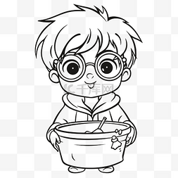 戴眼镜的可爱孩子，拿着一个碗，