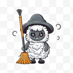 矢量南瓜扫帚卡通图片_拿着扫帚的羊的万圣节插图