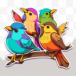 彩色卡通鸟在彩色树枝上贴纸剪贴