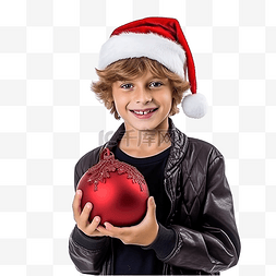 男孩抱球图片_一个戴着圣诞老人帽子拿着圣诞树