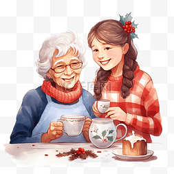 老年白内障图片_快乐的祖母和孙女在圣诞厨房喝茶