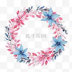 素描画边框图片_圣诞手绘花环粉色和蓝色花卉冬季