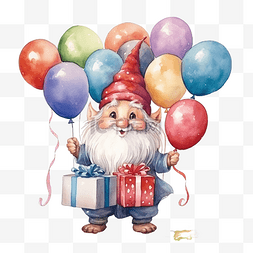 生日气球3d图片_打开一盒气球的侏儒的水彩插图
