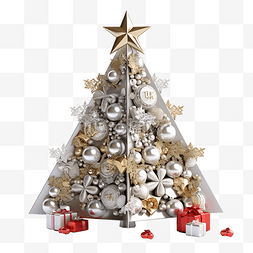 金色银色星星图片_圣诞快乐标志 3d 树用银色星星和