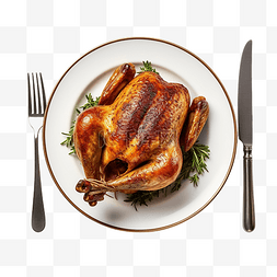 带餐具的盘子上感恩节烤鸡的顶部