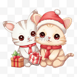 卡通可爱圣诞猫和兔子玩圣诞娃娃