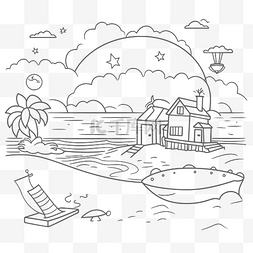 海滨别墅和船轮廓草图的着色页 