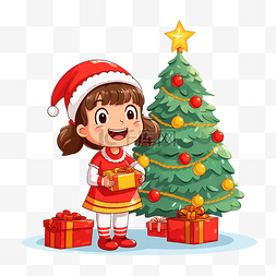 拿着礼品盒的女孩站在圣诞树旁