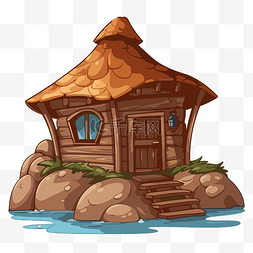 湖上云雾图片_小屋剪贴画旧木屋坐在湖顶的岩石