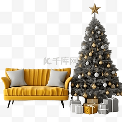室内装修课件图片_节日室内装饰有圣诞树和沙发
