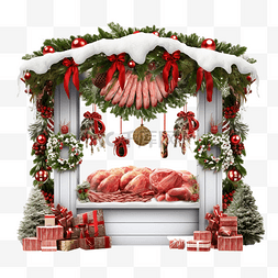 冬天的街道图片_新鲜的肉类店面，配有圣诞花环花