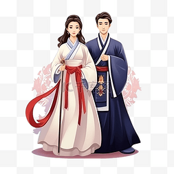 穿着传统婚纱的韩国新娘和新郎举