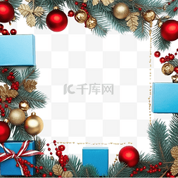 礼品盒盒图片_蓝色圣诞框架与冷杉树枝